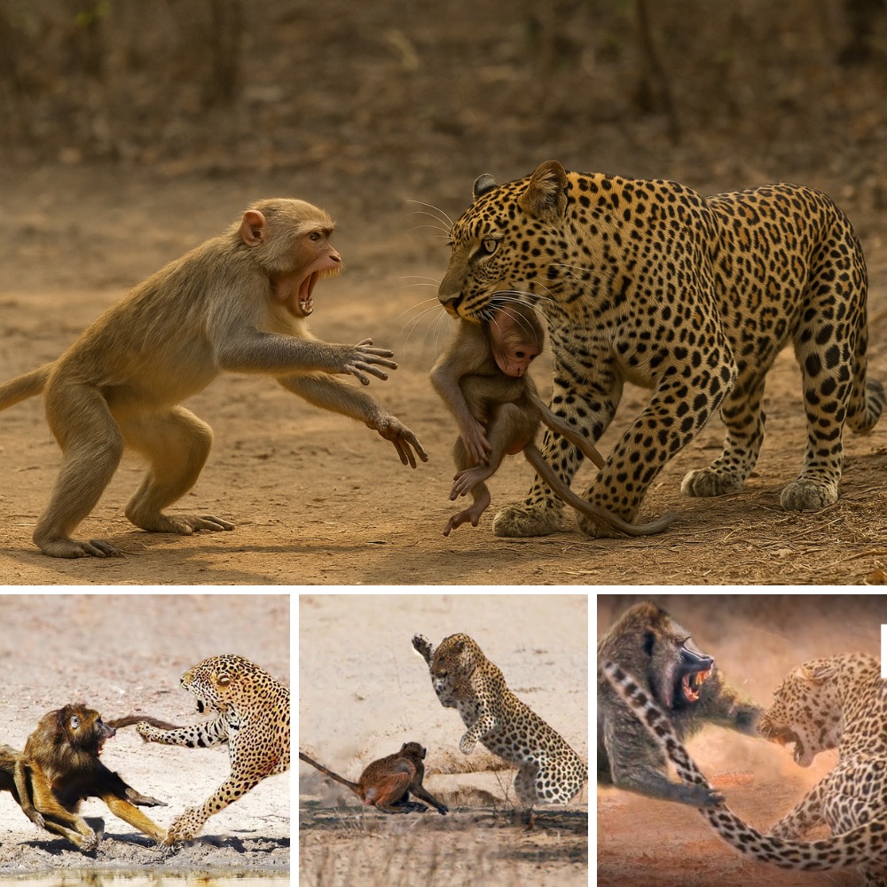 🐒🔥 “I Won’t Let My Baby Die!” – A Tiny Monkey Mother Bravely Launches Herself at a Bloodthirsty Leopard to Rescue Her Trapped Infant from Its Claws
